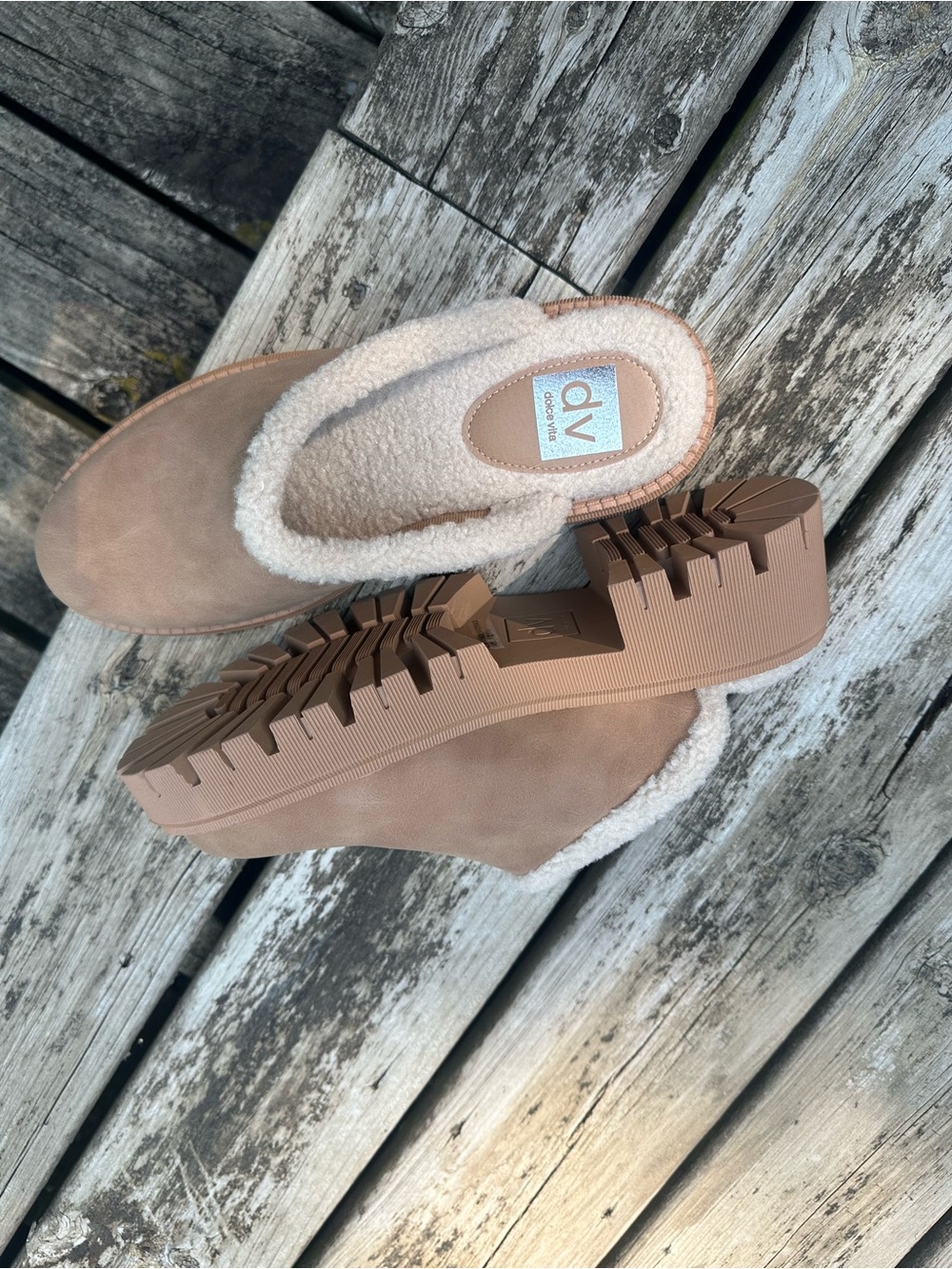 DV by Dolce Vita Taupe Sherpa-Lined Platform Mules
